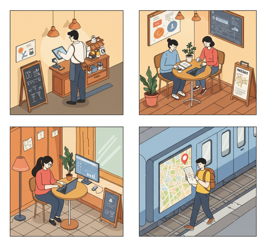 An illustration of people using digital devices at home, in a cafe, and while traveling.